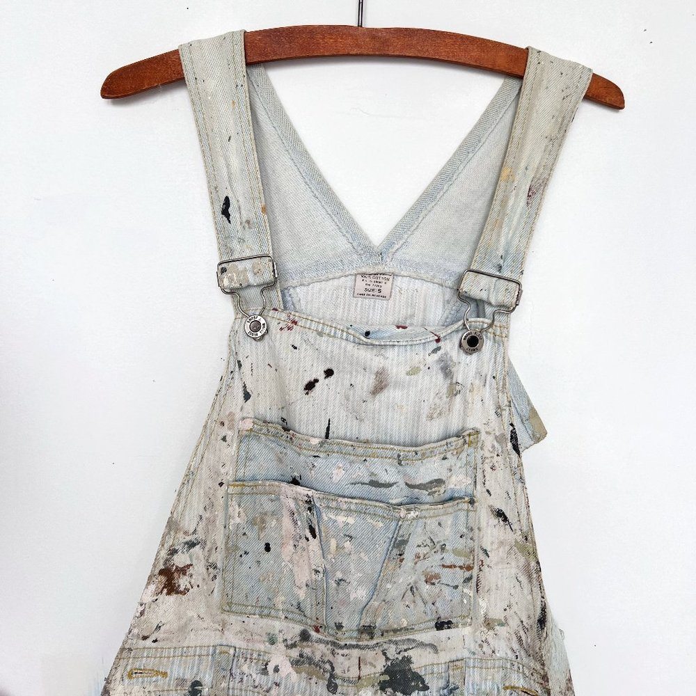 Vintage 90’s Distressed, Paint Splatter Denim Overall Shorts